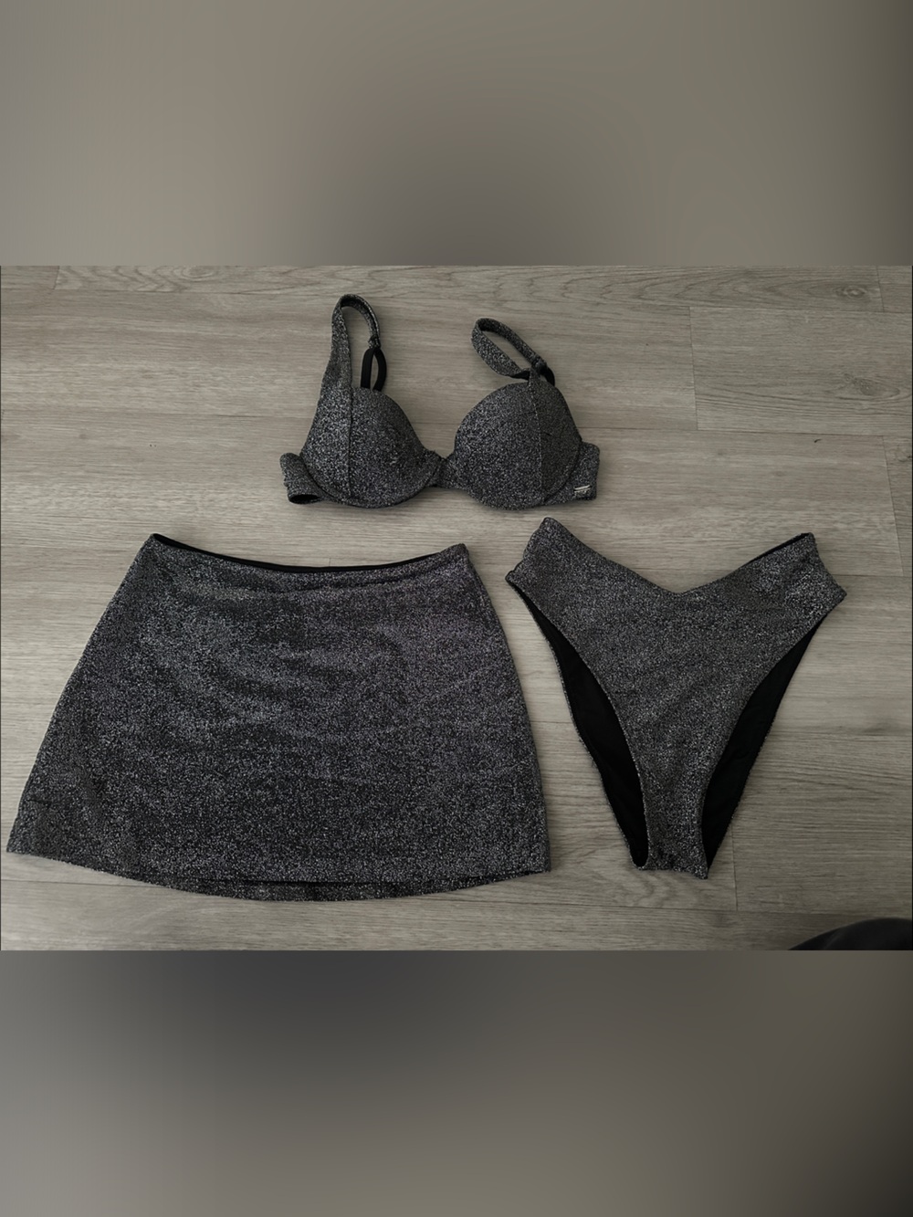 PINK Victoria's Secret Shimmery Black Glitter Bra, Brief & Skirt Set